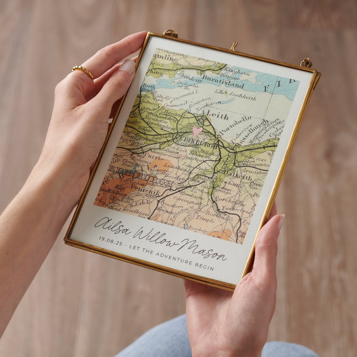 Personalised New Baby Vintage Map Stitched Heart Picture