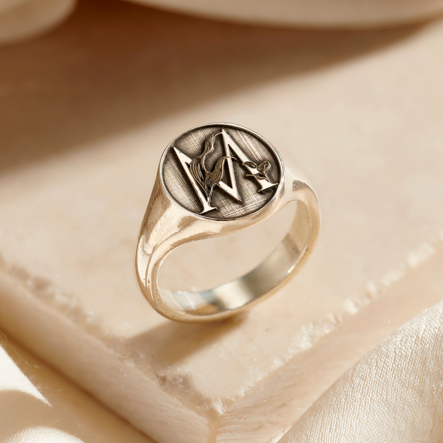 Chunky Floral Engraved Initial Signet Ring