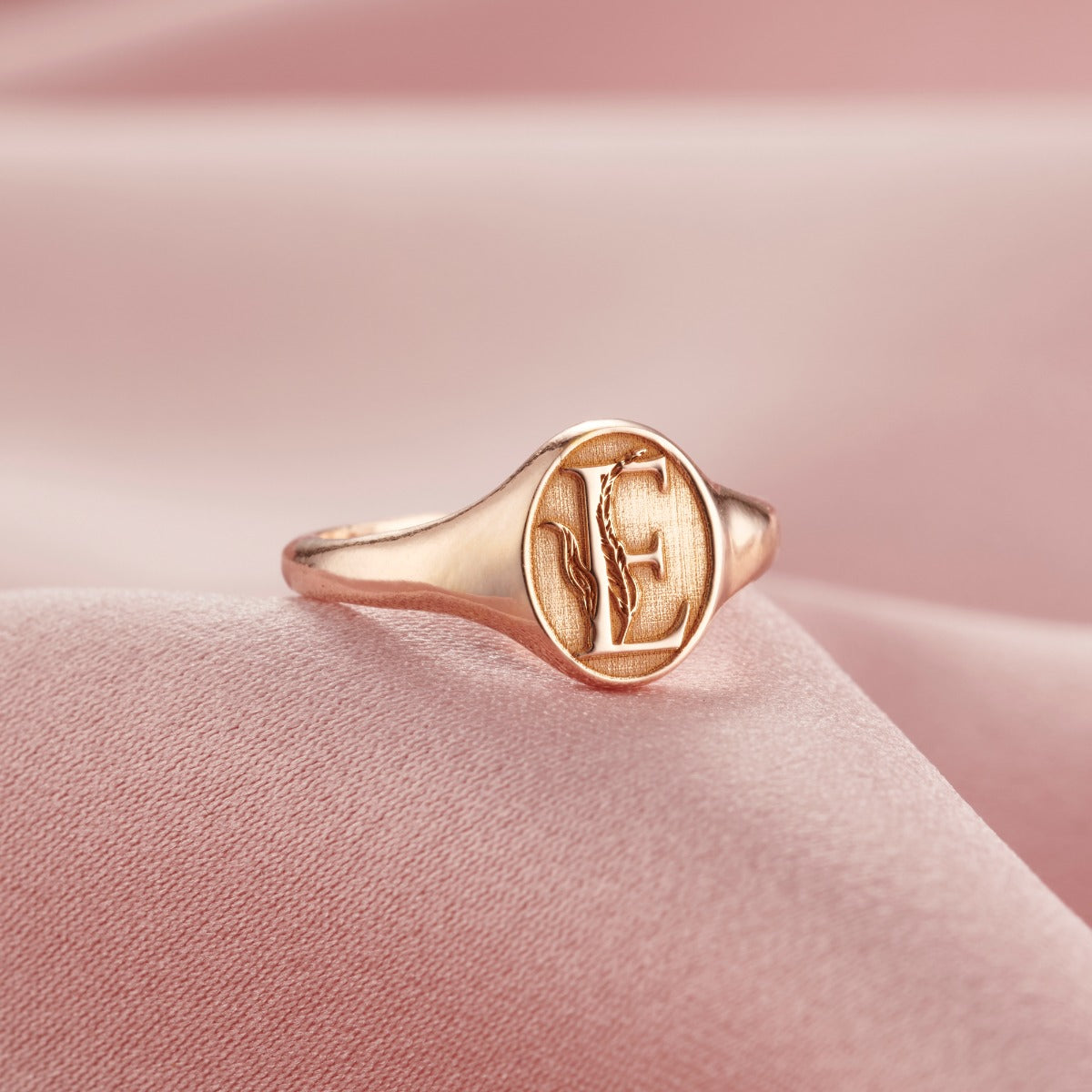 Personalised Floral Initial Signet Ring, rose gold finish with a floral initial.