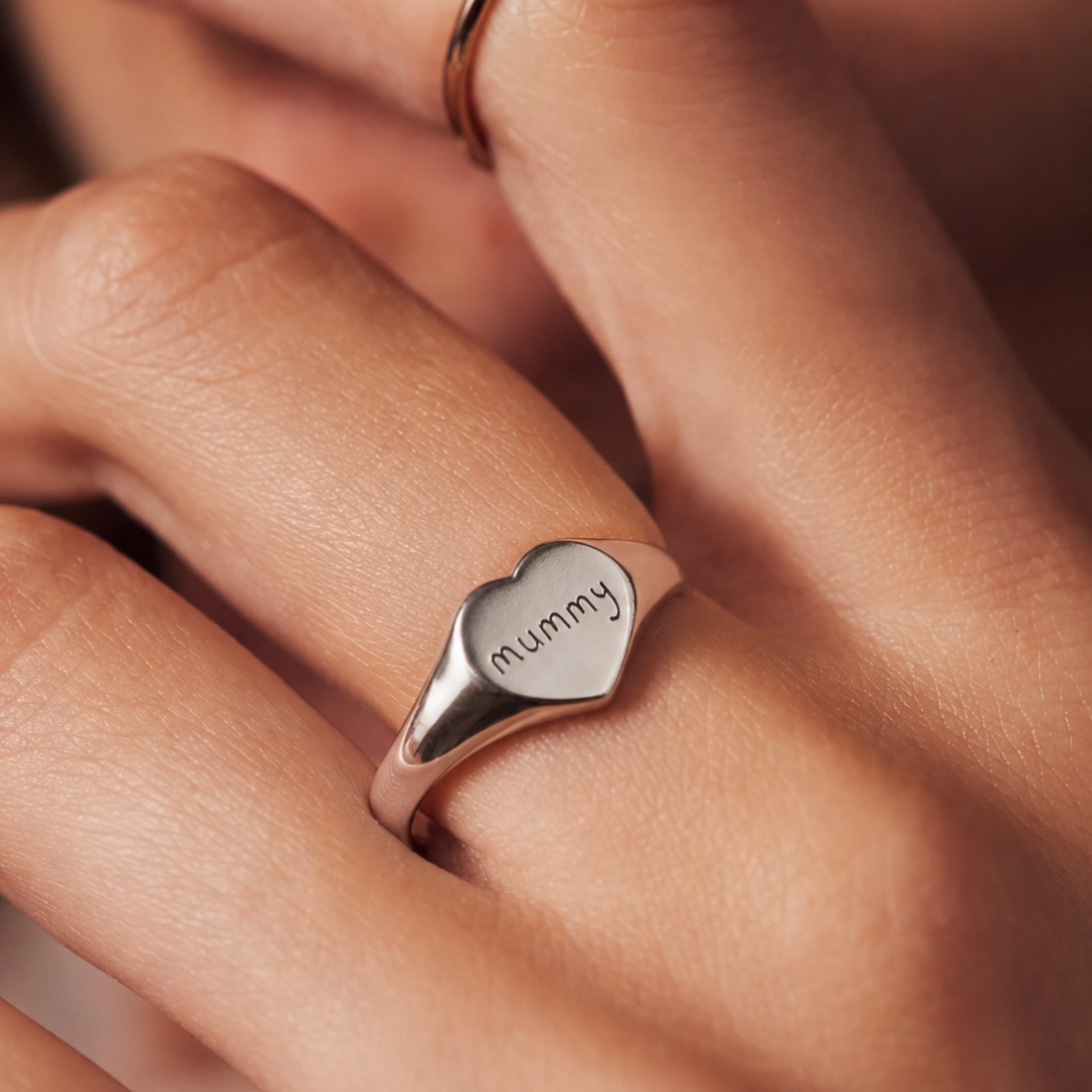 Personalised handwriting heart signet ring worn in sterling silver