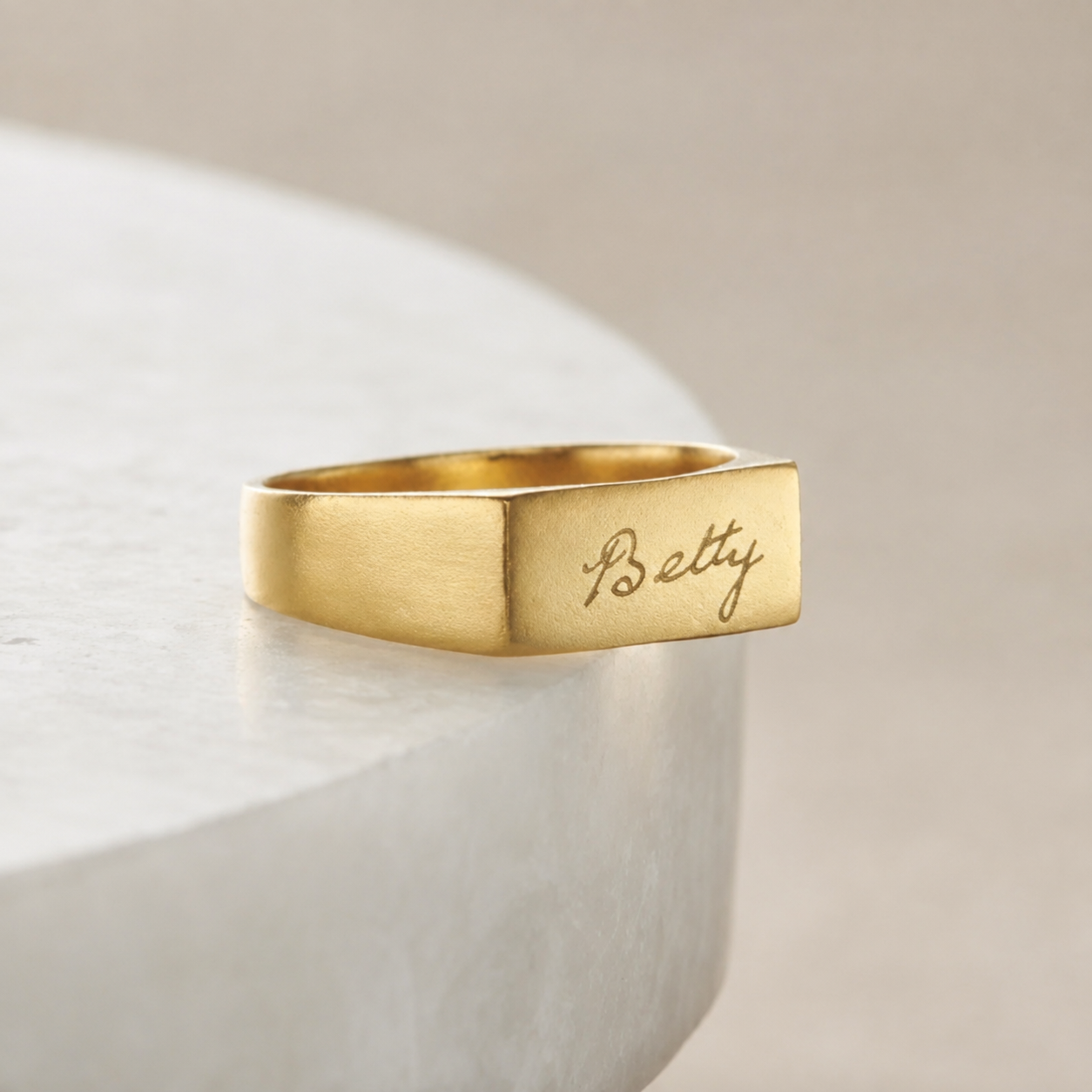 Men's chunky square handwriting signet ring in gold plated finish