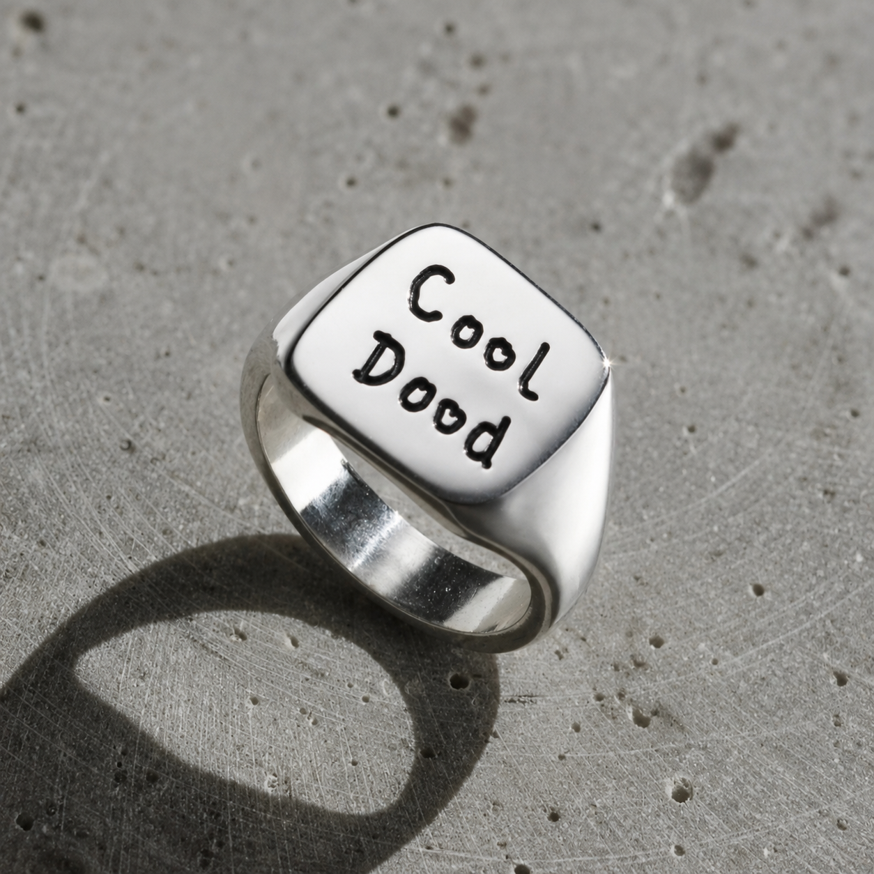 Men's sterling silver chunky square signet ring engraved with handwriting