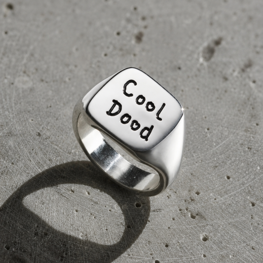 Men's sterling silver chunky square signet ring engraved with handwriting