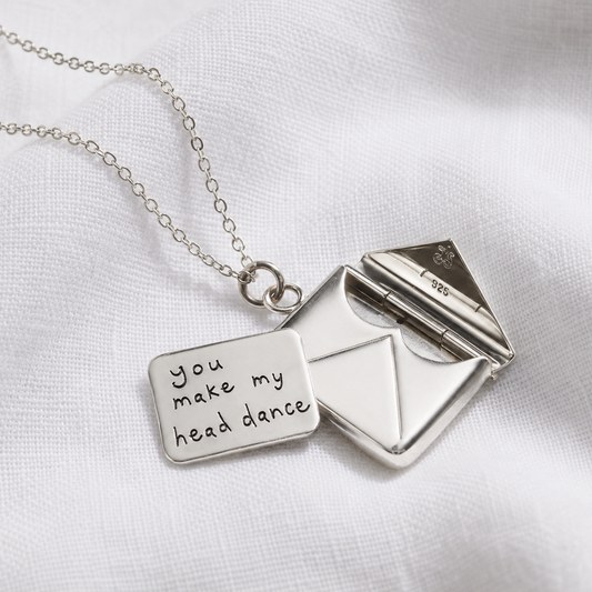 Personalised handwriting message envelope necklace in sterling silver