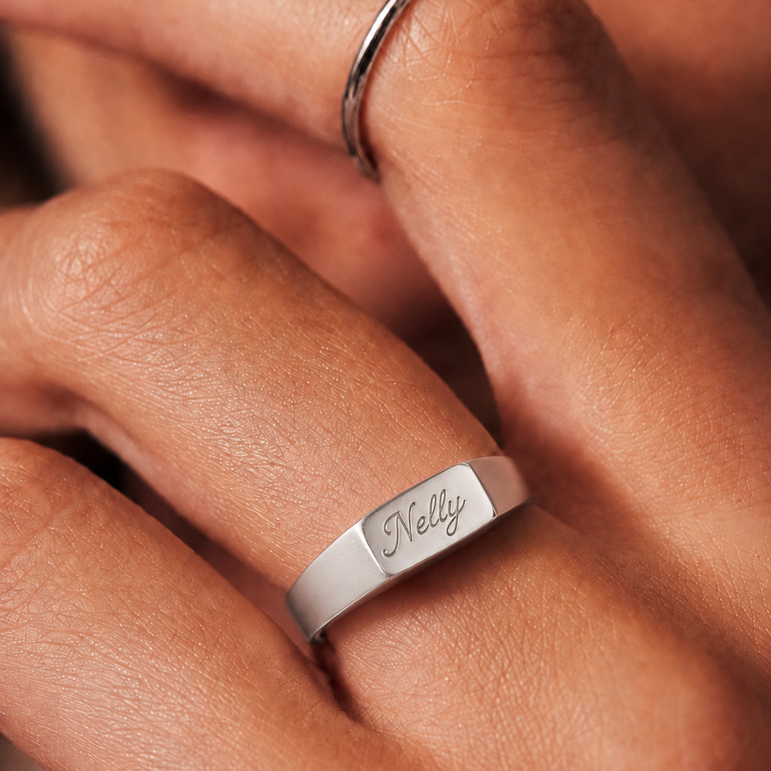 Personalised handwriting rectangle silver signet ring worn