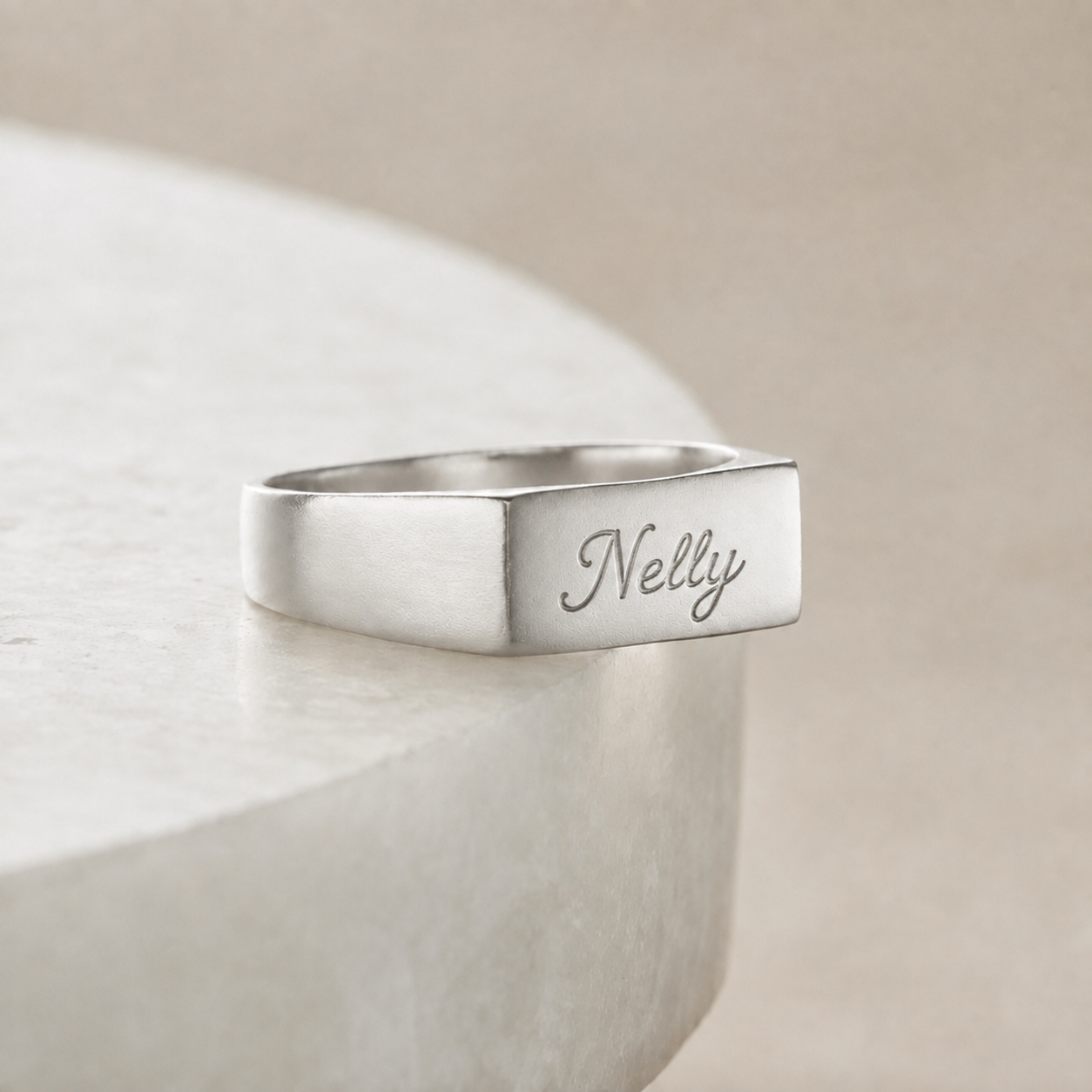 Personalised rectangle silver signet ring engraved with handwriting