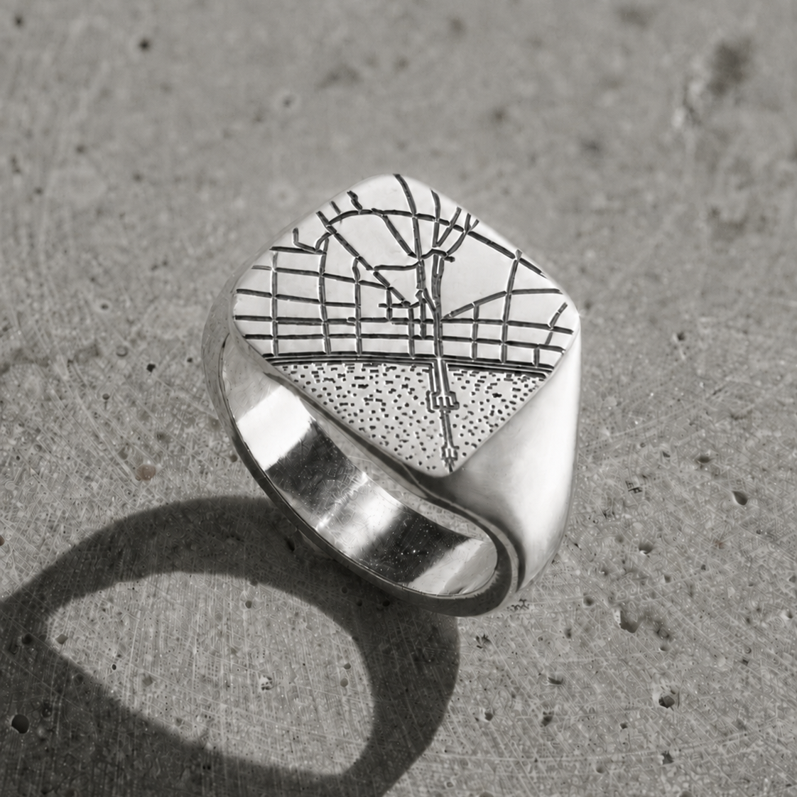 Personalised chunky square sterling silver map signet ring