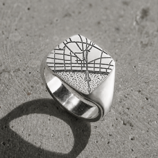 Personalised chunky square sterling silver map signet ring
