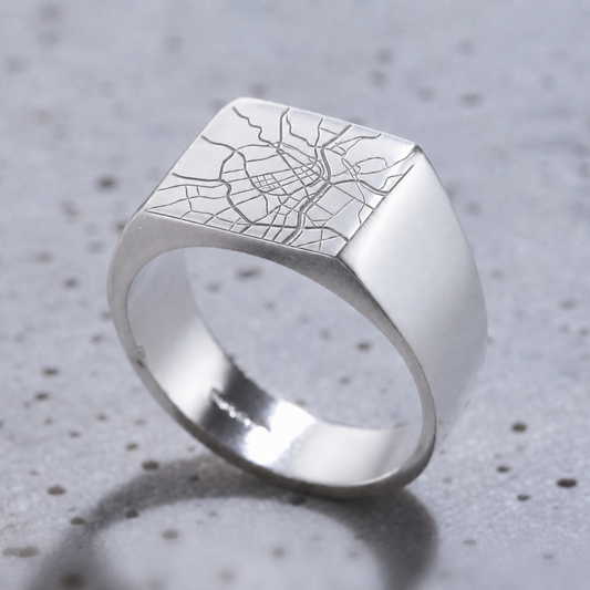Personalised unisex sterling silver map signet ring