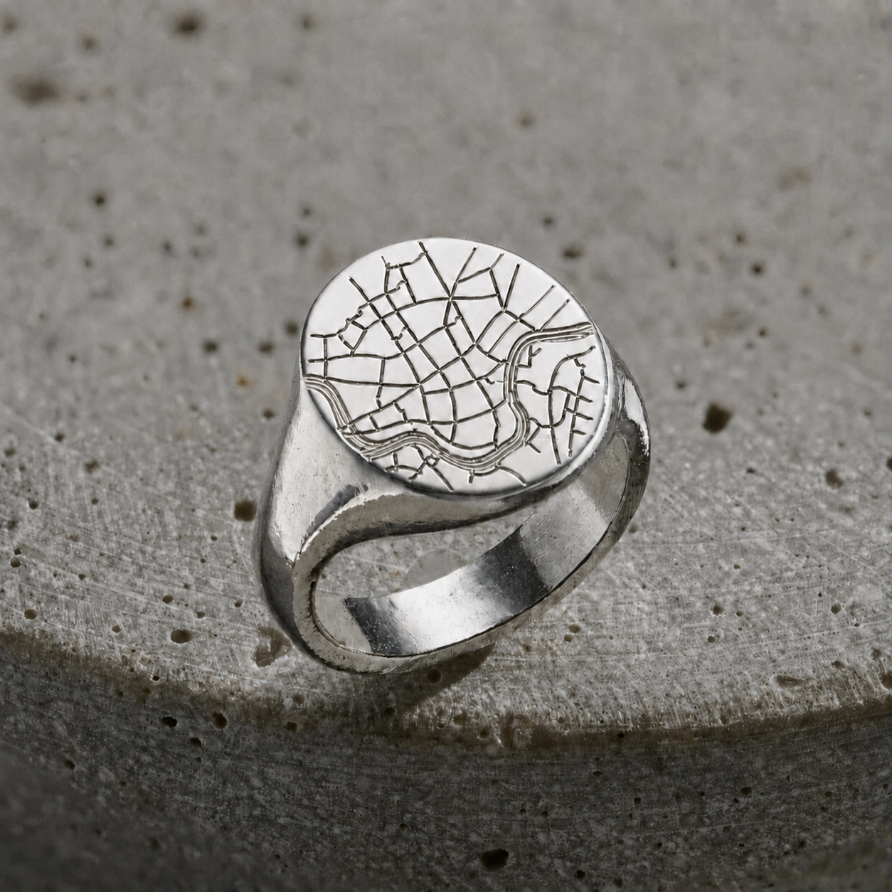 Personalised chunky circle sterling silver map signet ring