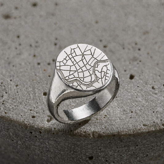 Personalised chunky circle sterling silver map signet ring