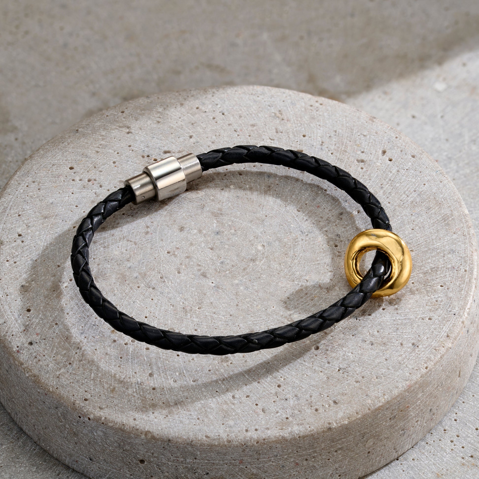 Personalised Men’s Lucky Pebble Fine Leather Message Bracelet with black leather and 18ct yellow gold plated finish
