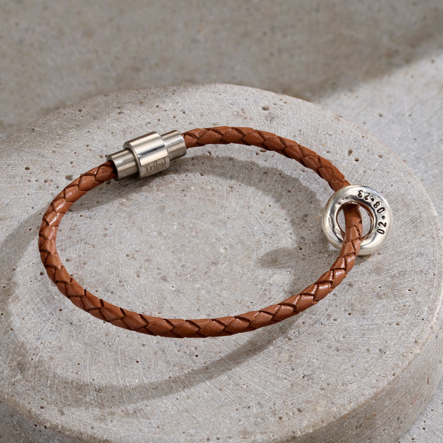 Personalised Men’s Lucky Pebble Fine Leather Message Bracelet with brown leather and silver finish