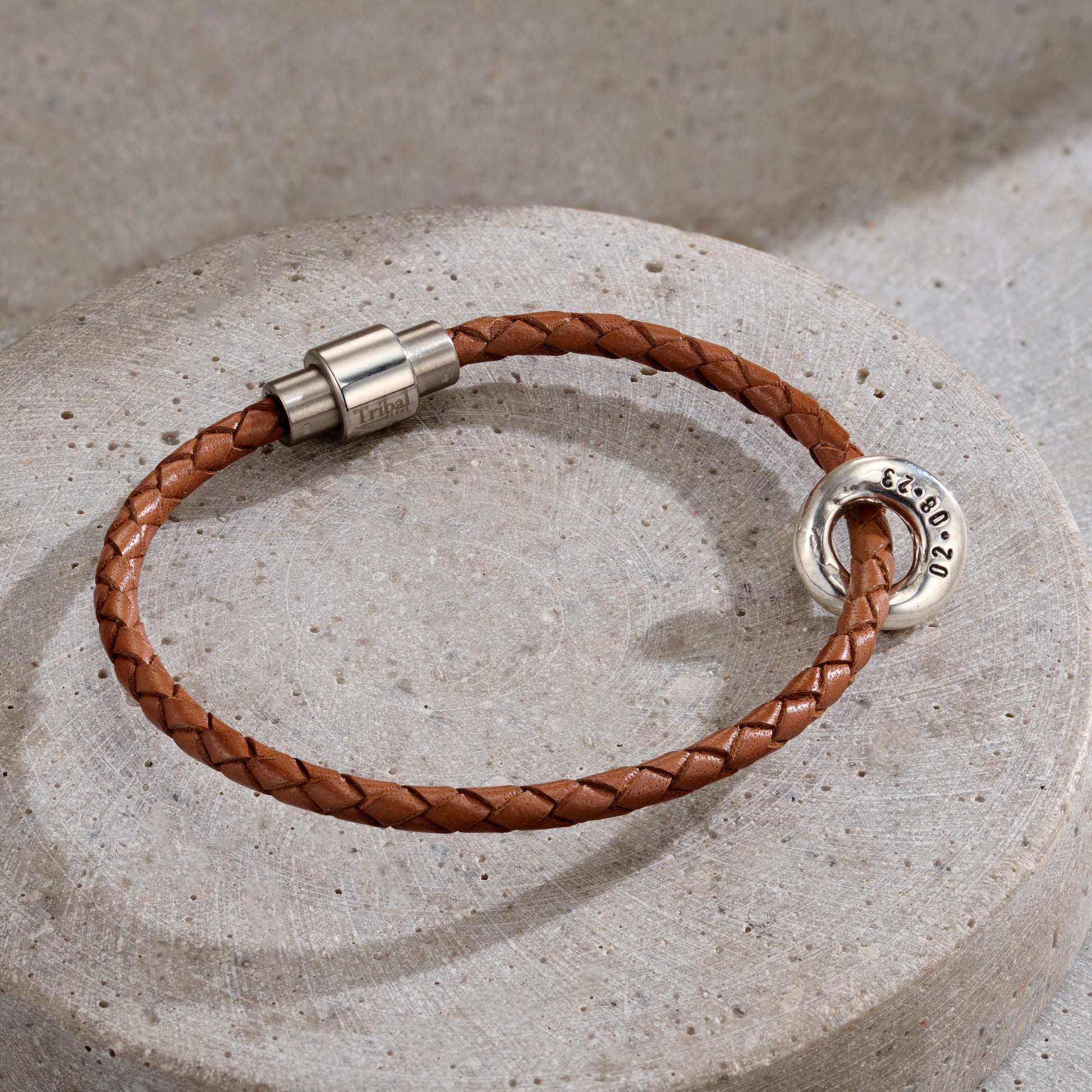 Personalised Men’s Lucky Pebble Fine Leather Message Bracelet with brown leather and silver finish