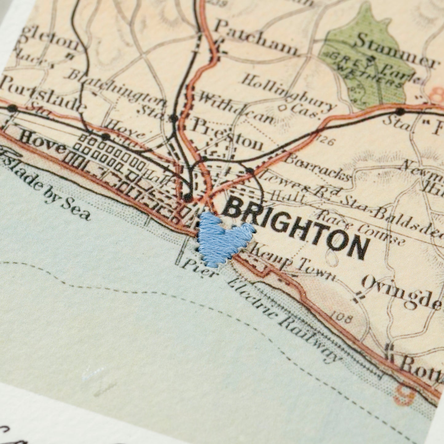 Personalised New Baby Vintage Map Stitched Heart Picture