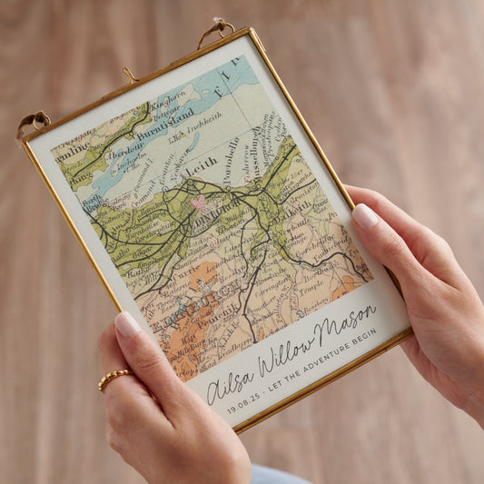 Personalised New Baby Vintage Map Stitched Heart Picture