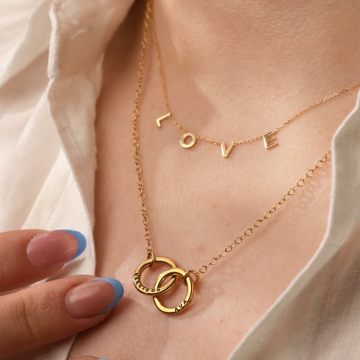 Personalised 9ct Gold Double Hoop Names Necklace| Posh Totty Designs