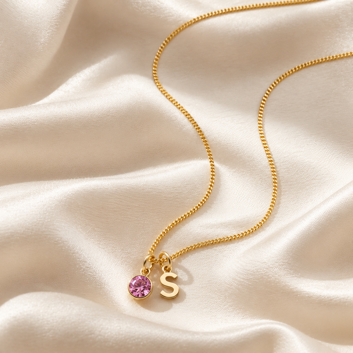 9ct Gold Initial and Birthstone Charm Necklace