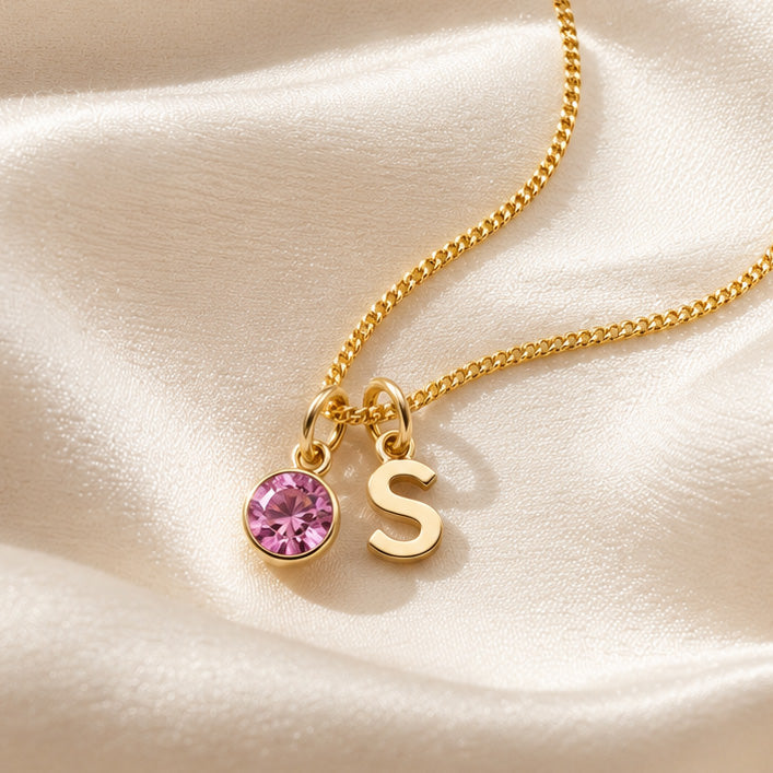 9ct Gold Initial and Birthstone Charm Necklace