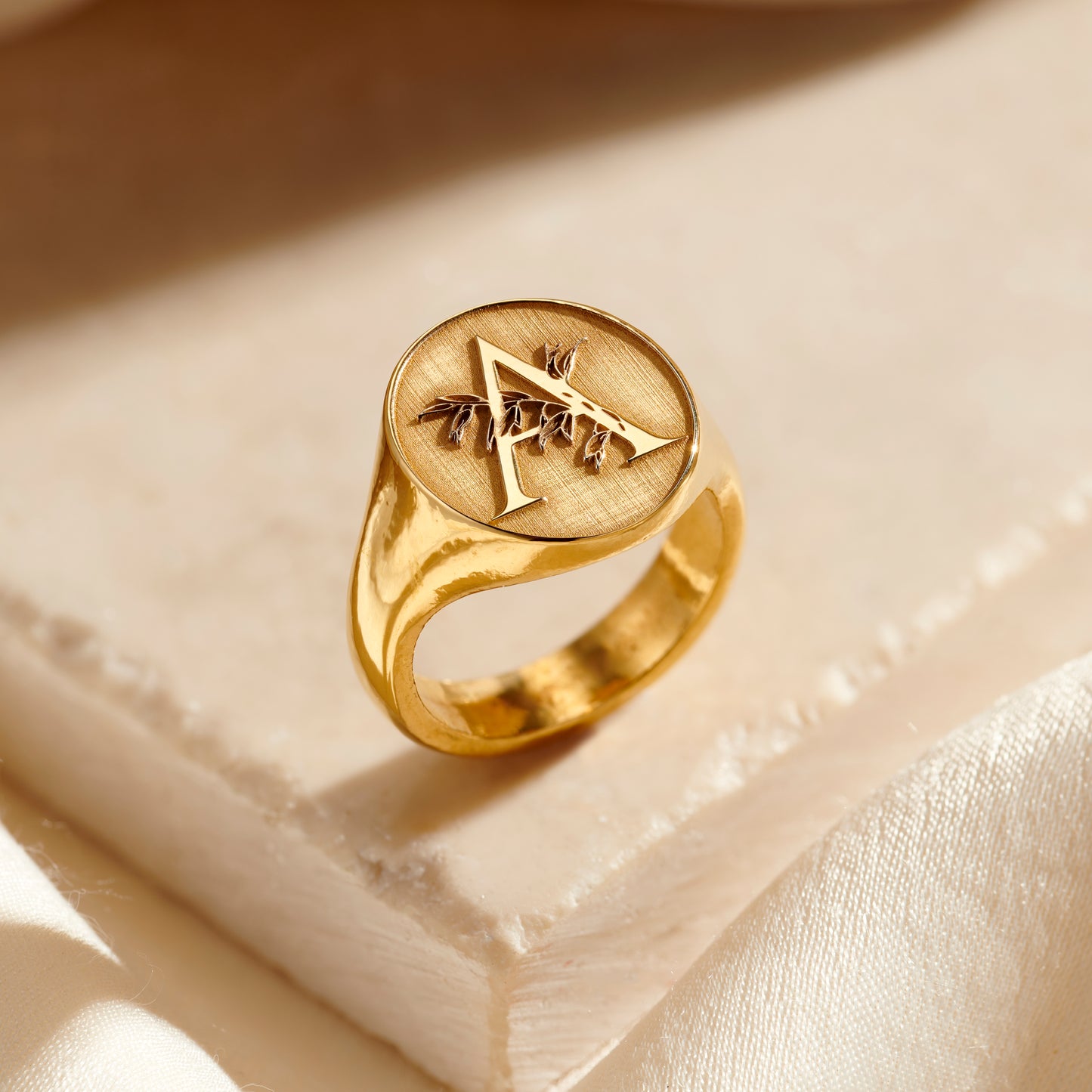 Chunky Floral Engraved Initial Signet Ring