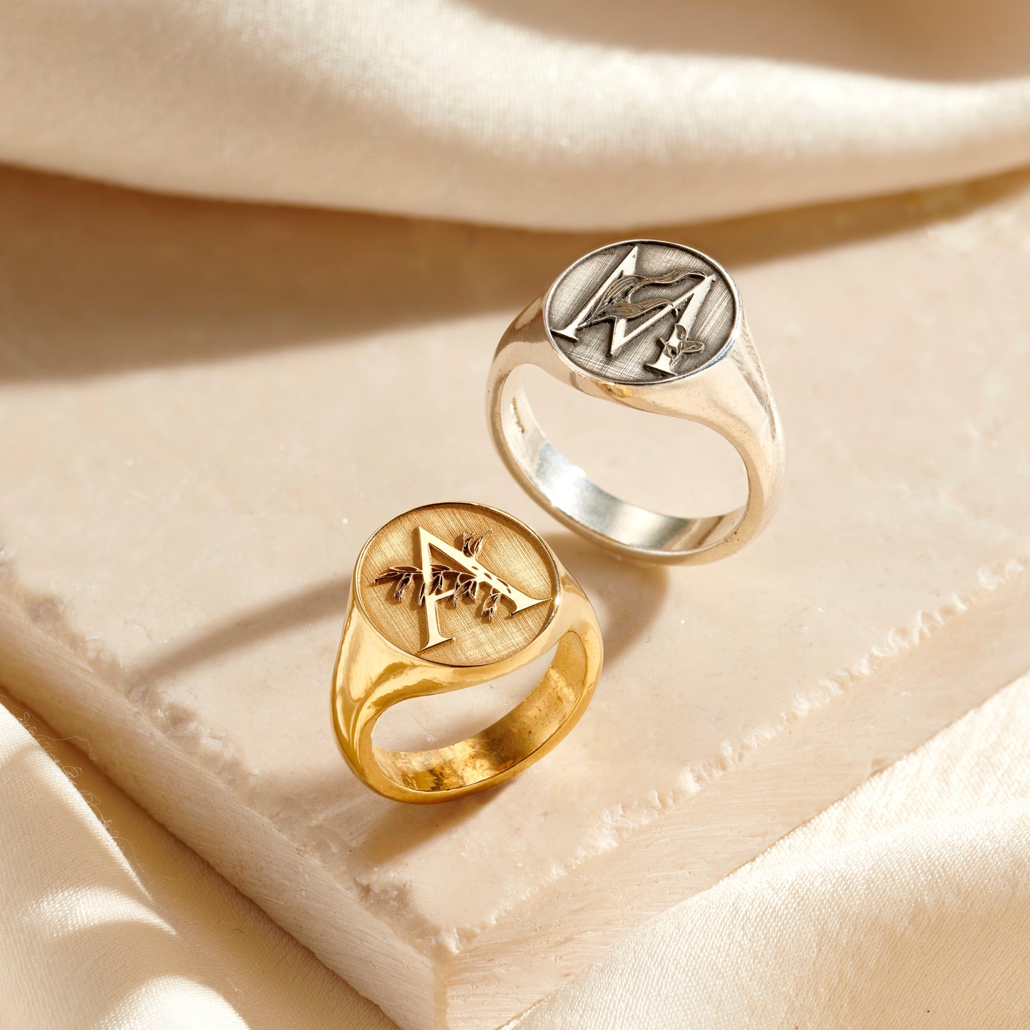 Chunky Floral Engraved Initial Signet Ring