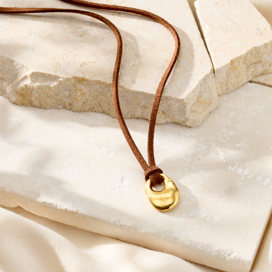 Personalised Lucky Stone Pendant Leather Cord Necklace in 18ct yellow gold plated finish
