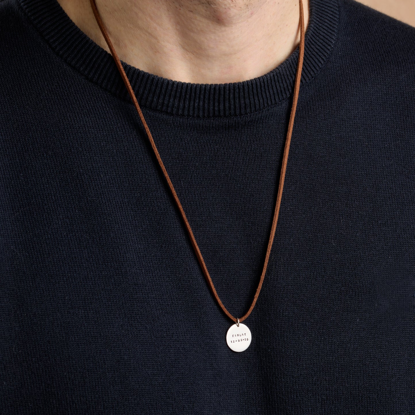 Personalised Men's Silver Disc Necklace With Leather Cord