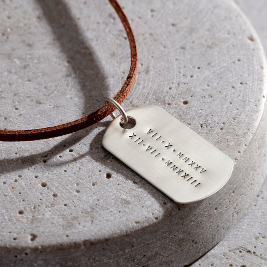 Personalised Men's Silver Dog Tag Necklace With Leather Cord