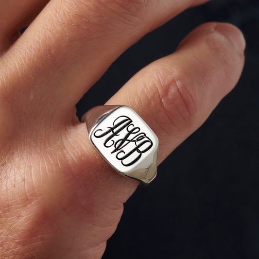 Men's Chunky Square Monogrammed Signet Ring