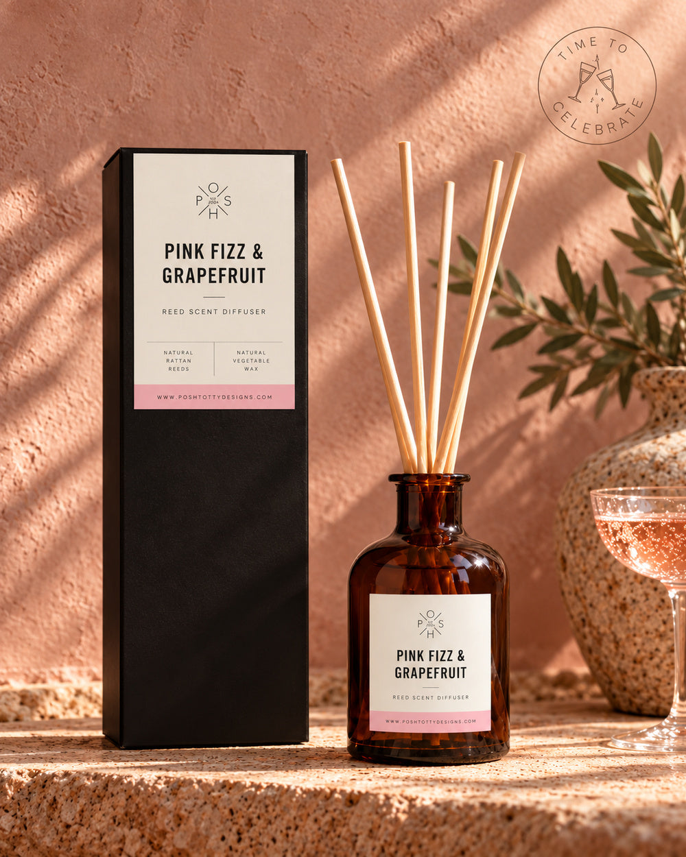 Pink Fizz and Grapefruit Reed Diffuser with reeds and presentation box
