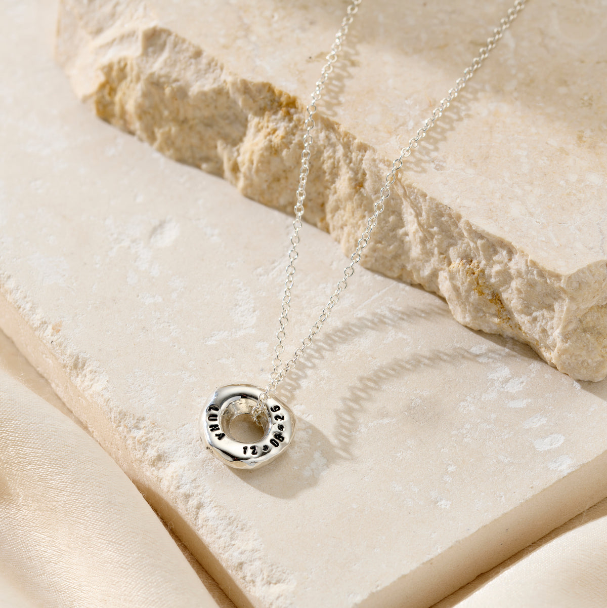 Personalised Mini Lucky Pebble Hoop Necklace in silver finish