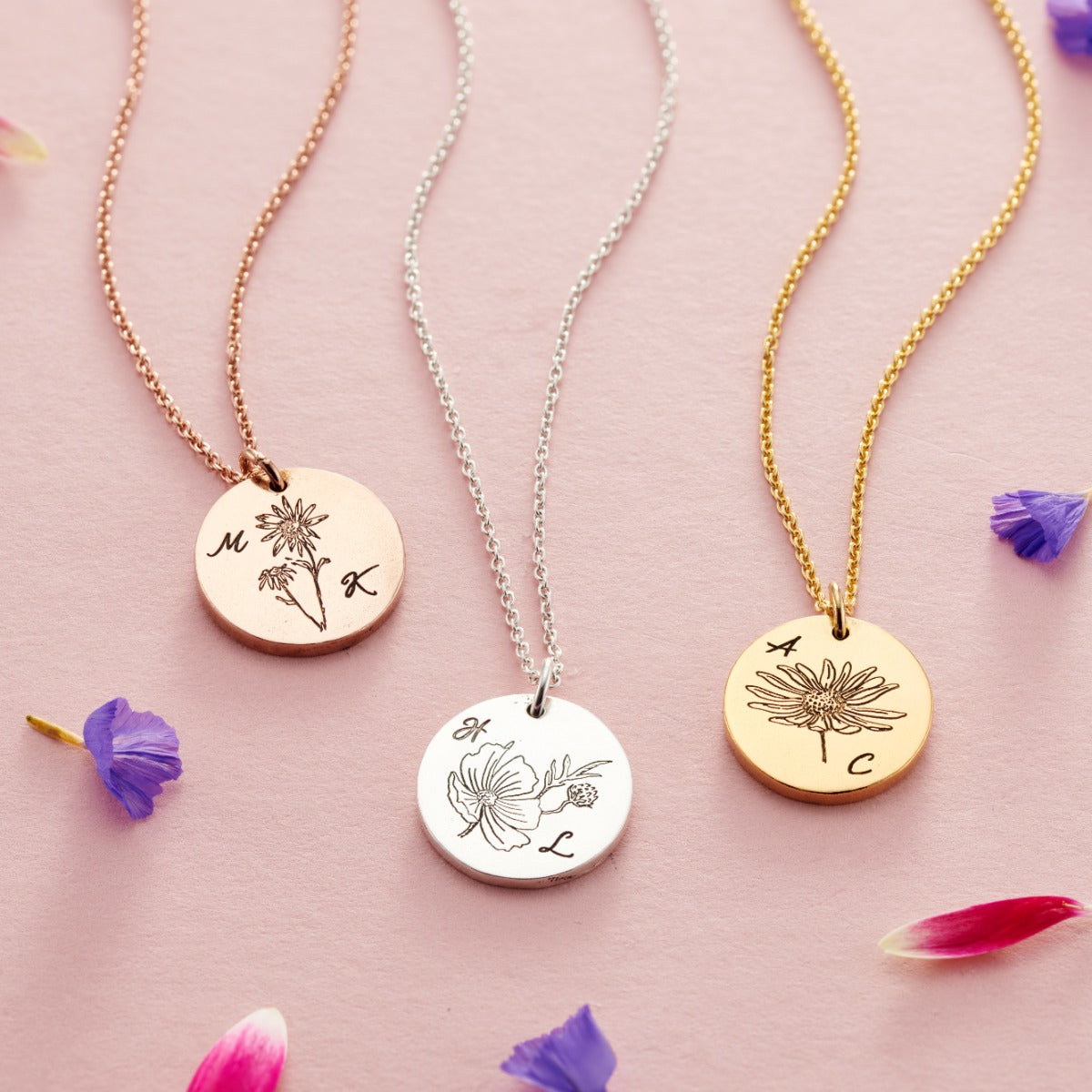 Arg Intials Engraved Birth Flower Initials Necklace | Posh Totty Designs