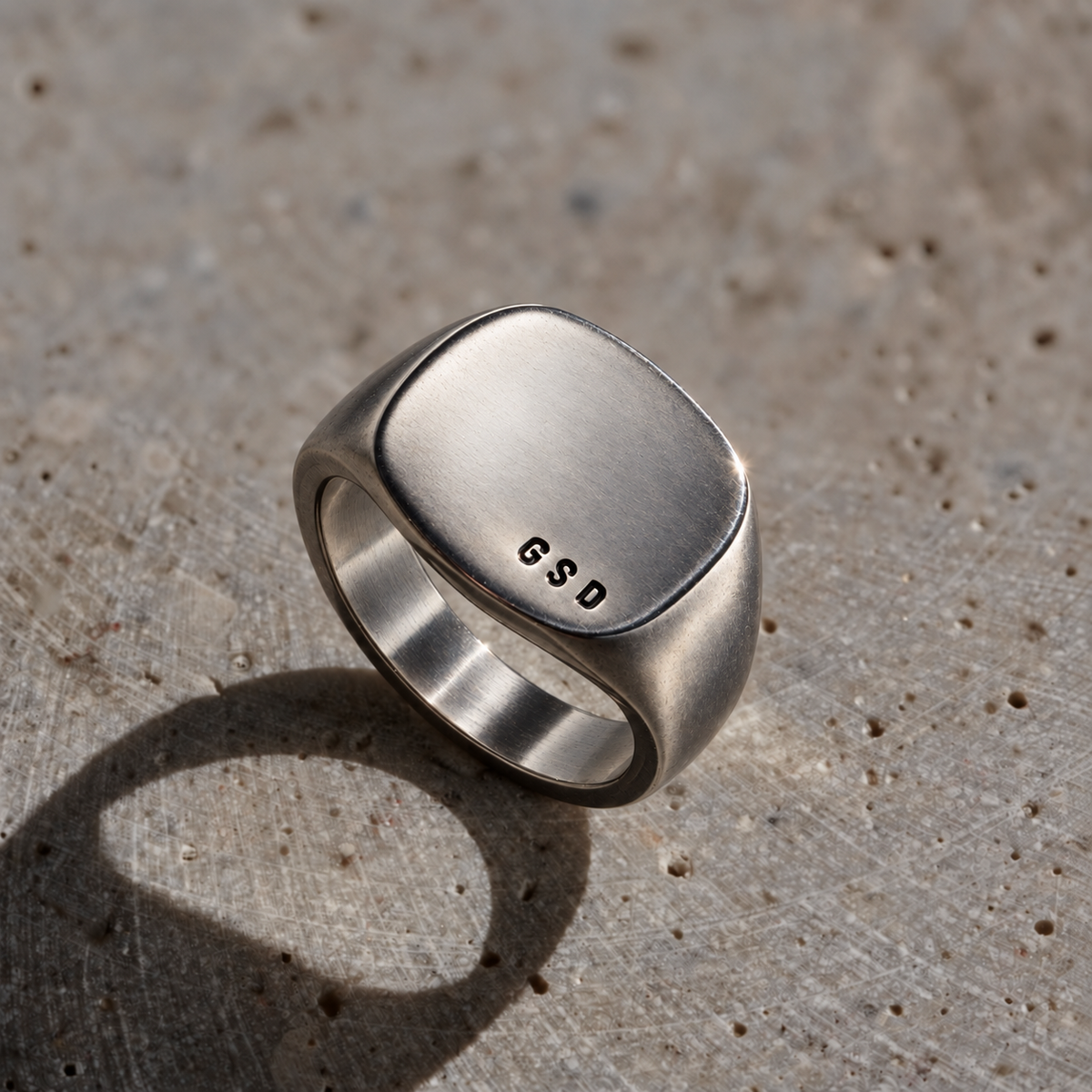 Men's Personalised Chunky Rounded Square Signet Ring in oxidised silver