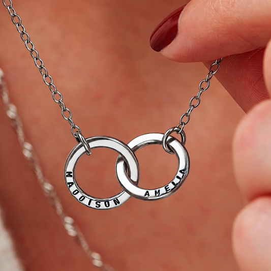 Silver personalised double hoop names necklace