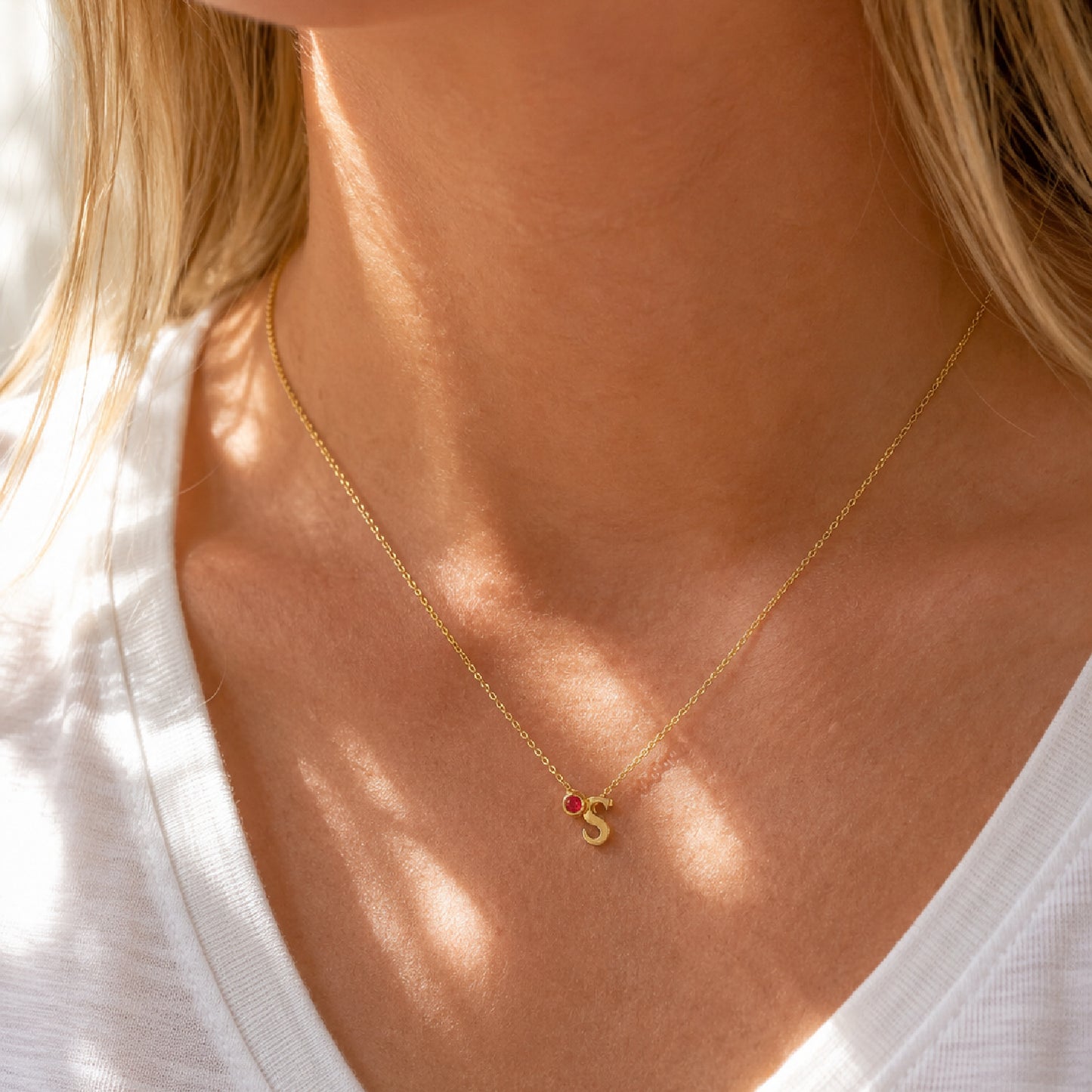 Thread Through Birthstone and Initial Necklace