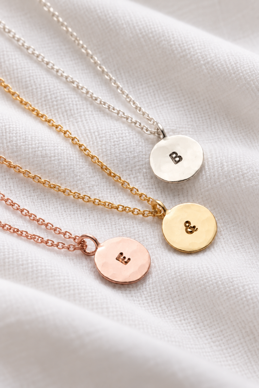 Personalised Mini Hammered Disc Necklace in three metal finishes
