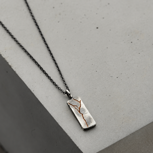 Men's Kintsugi tag necklace in oxidised silver