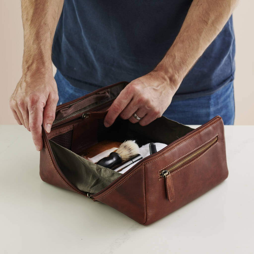 Personalised Leather Lay Flat Wash Bag