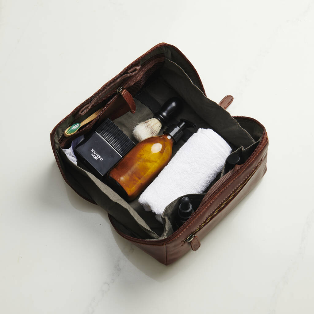Personalised Leather Lay Flat Wash Bag