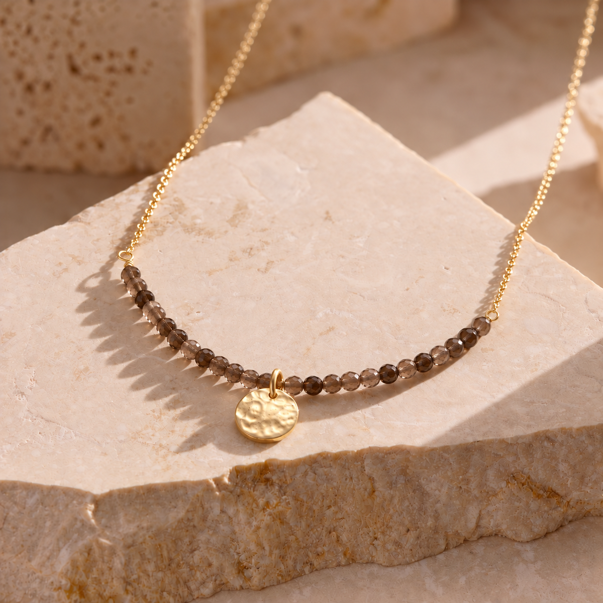 Personalised Smokey Quartz Semi Precious Beaded Necklace in 18ct yellow gold plate