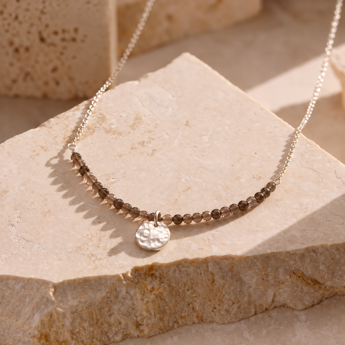 Personalised Smokey Quartz Semi Precious Beaded Necklace in sterling silver