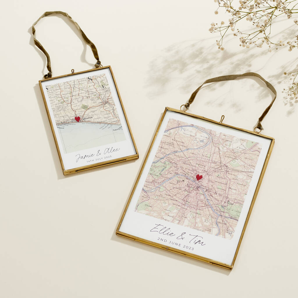 Personalised vintage map pictures with stitched hearts in brass hanging frames