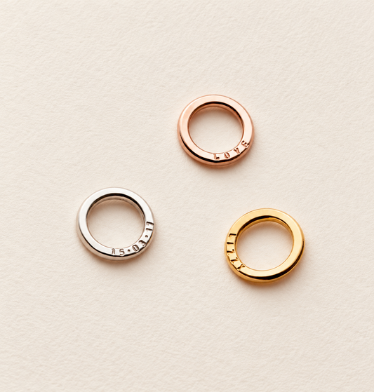 Three personalised mini message charms in silver, 18ct yellow gold plated and 18ct rose gold plated finishes.