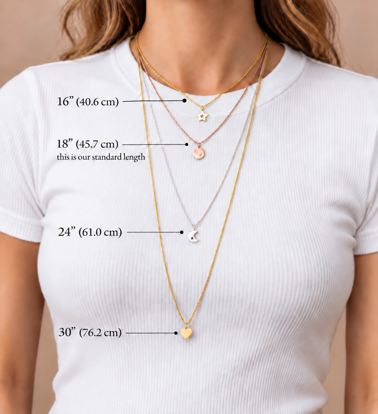 Necklace length guide: 16 inches (40.6 cm), 18 inches (45.7 cm), 24 inches (61 cm) and 30 inches (76.2 cm).