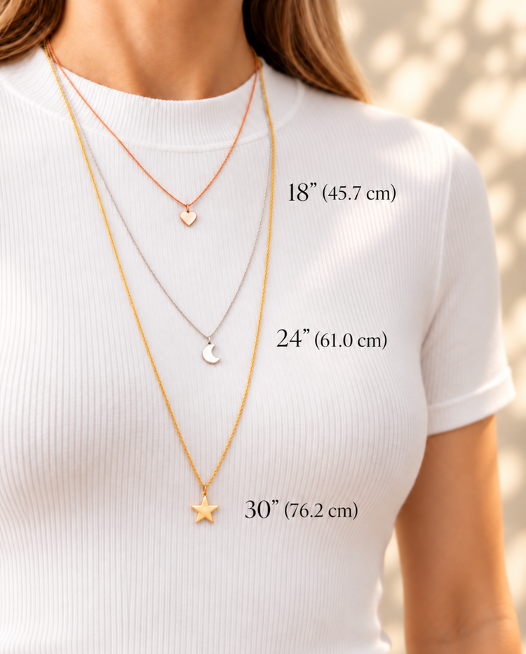 Necklace length guide: 18 inches (45.7 cm), 24 inches (61 cm) and 30 inches (76.2 cm).