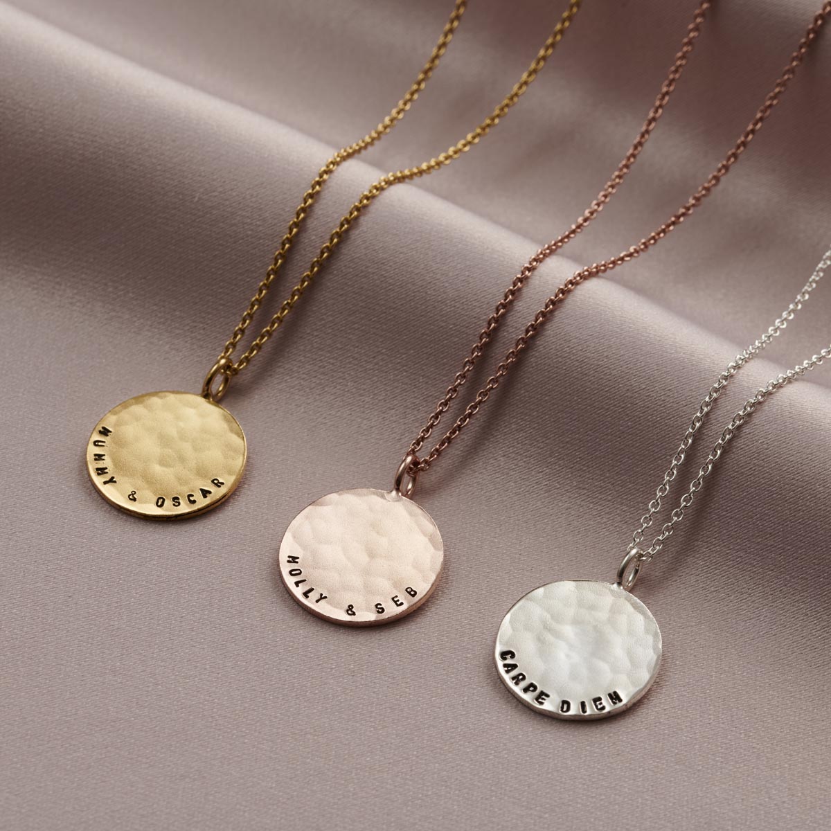 Personalised Curved Message Hammered Disc Necklace