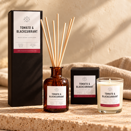 Tomato & Blackcurrant 9cl candle and 100ml reed diffuser staged together with their individual boxes
